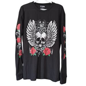 Skull Wings and Roses Y2K 90s Black Grunge Henley Shirt Tattoo L Biker Goth